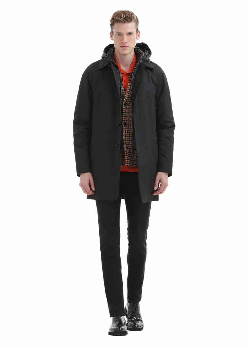 Black Regular Fit Shirt Collar Casual Weaving Removable Hood Rain Coat - 2