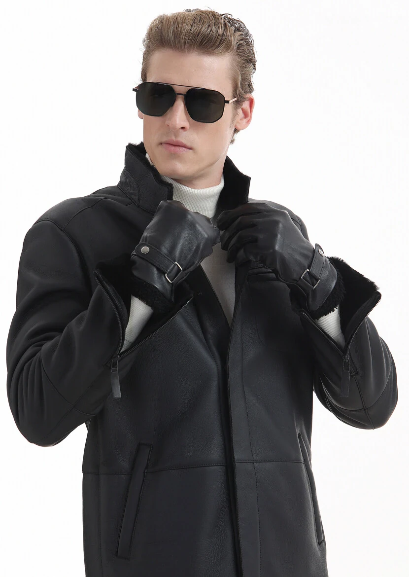 Black Regular Fit Turtleneck Casual Fur Leather Coat - 5