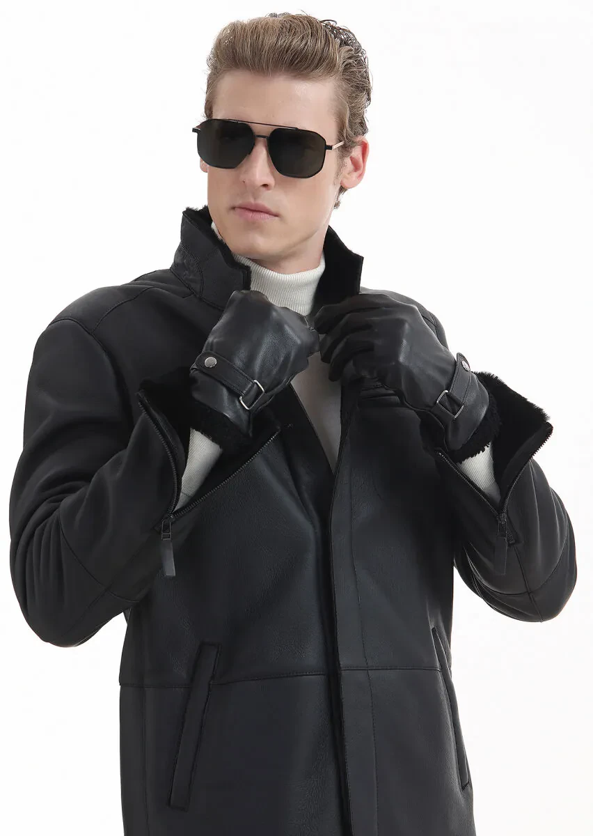 Black Regular Fit Turtleneck Casual Fur Leather Coat - 5