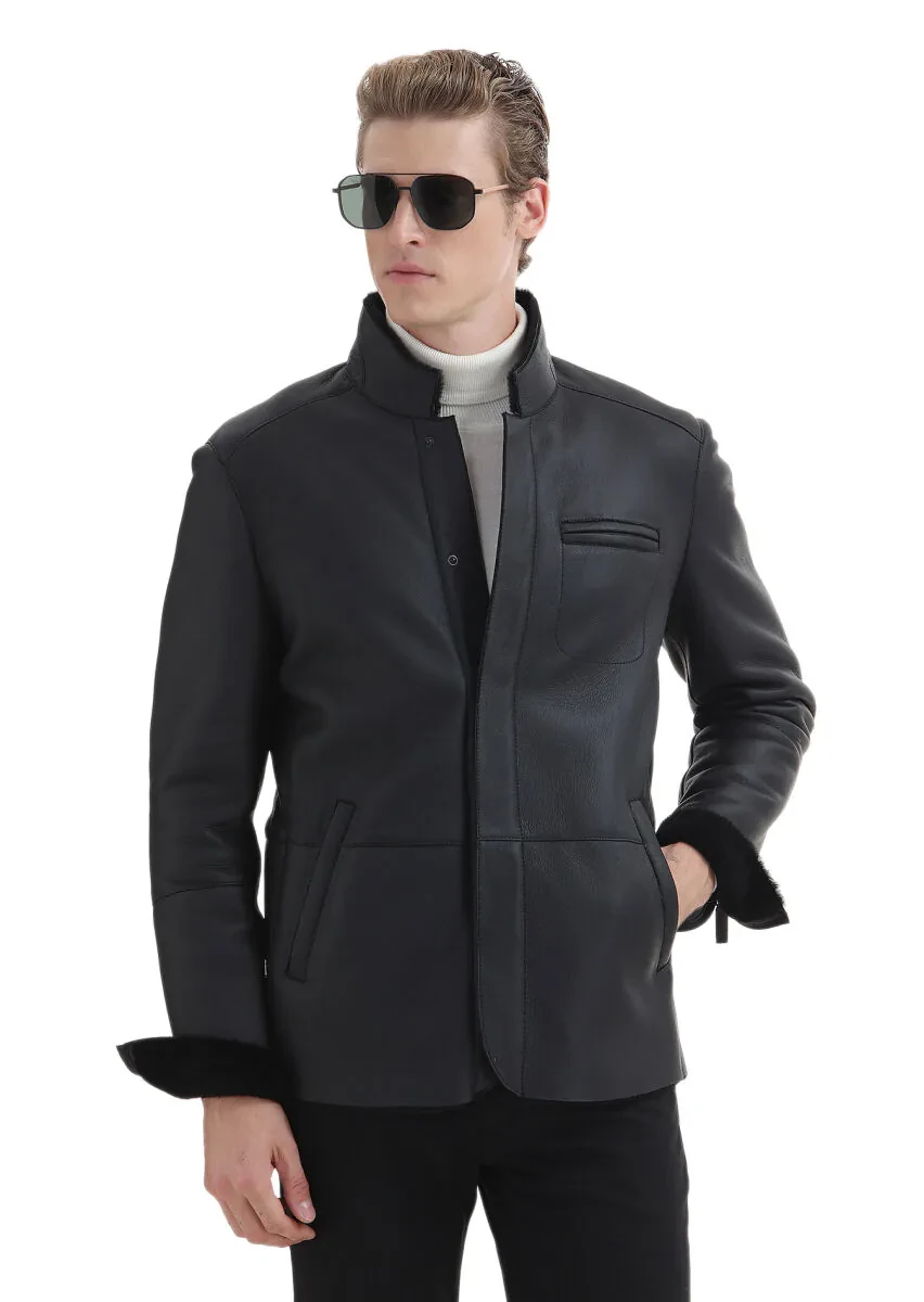 Black Regular Fit Turtleneck Casual Fur Leather Coat - 6