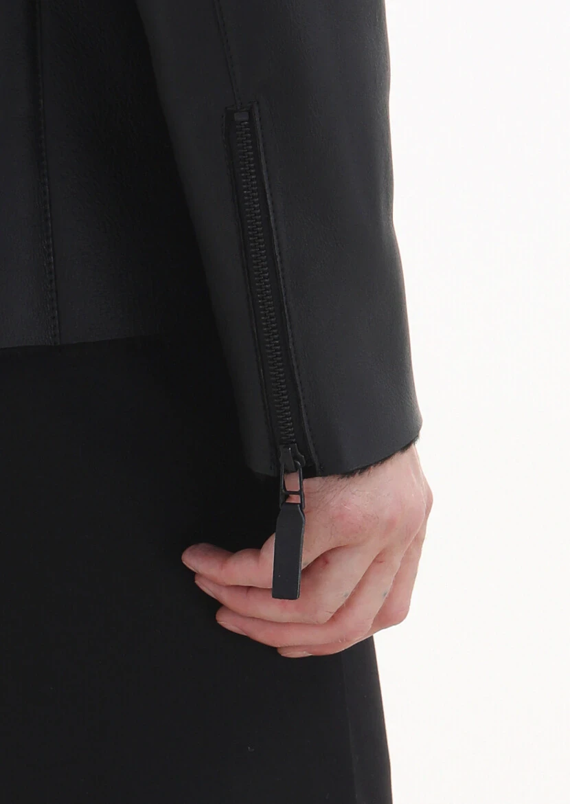 Black Regular Fit Turtleneck Casual Fur Leather Coat - 8