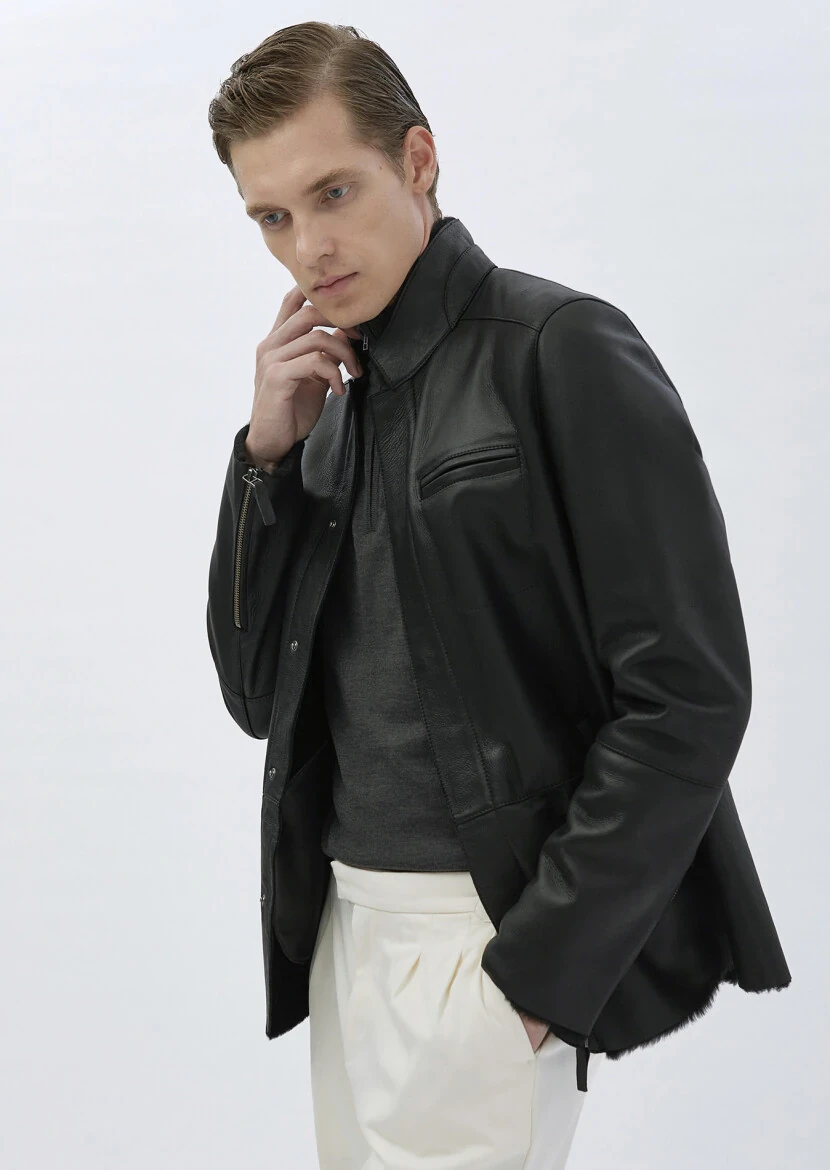 Black Regular Fit Turtleneck Casual Fur Leather Coat - RAMSEY