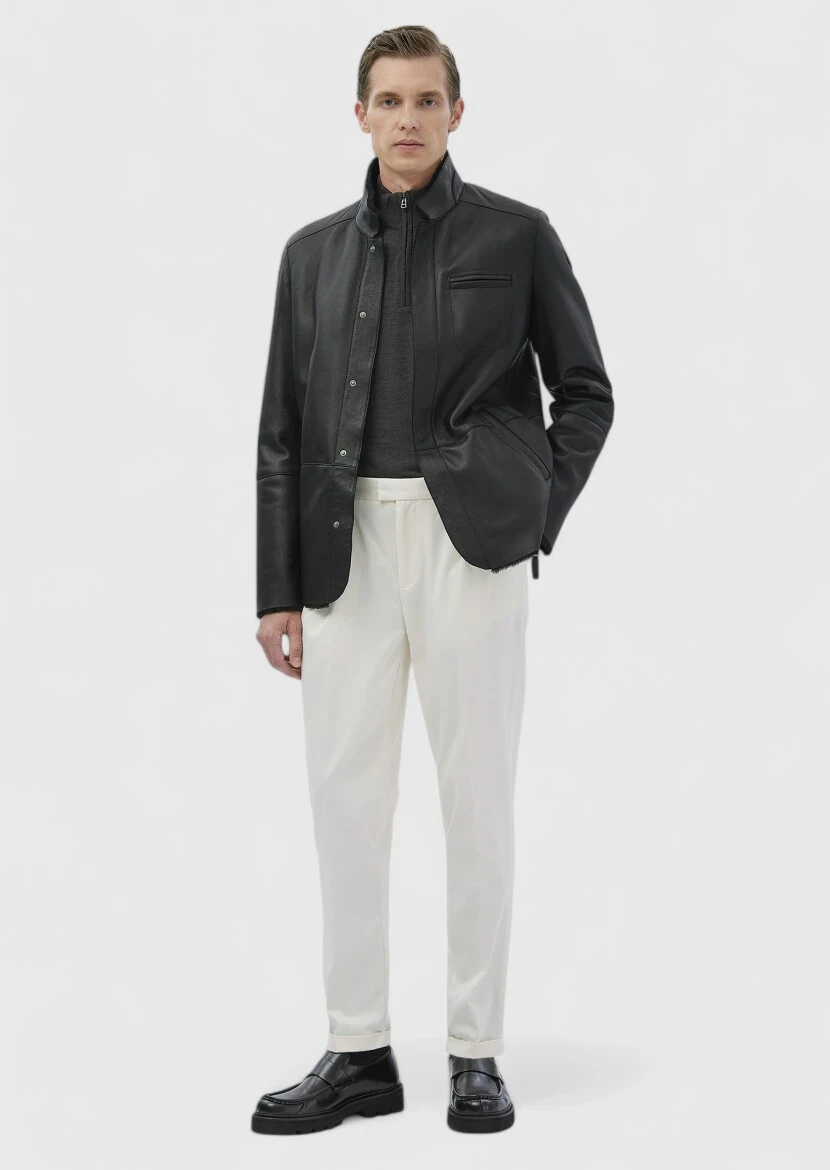 Black Regular Fit Turtleneck Casual Fur Leather Coat - RAMSEY