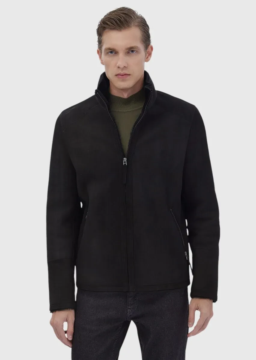 Black Regular Fit Turtleneck Casual Fur Leather Coat - 1