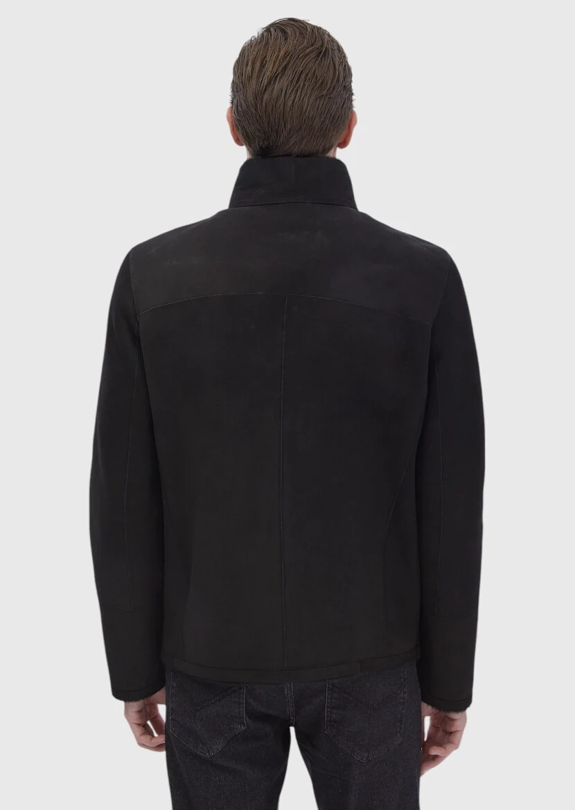 Black Regular Fit Turtleneck Casual Fur Leather Coat - 8