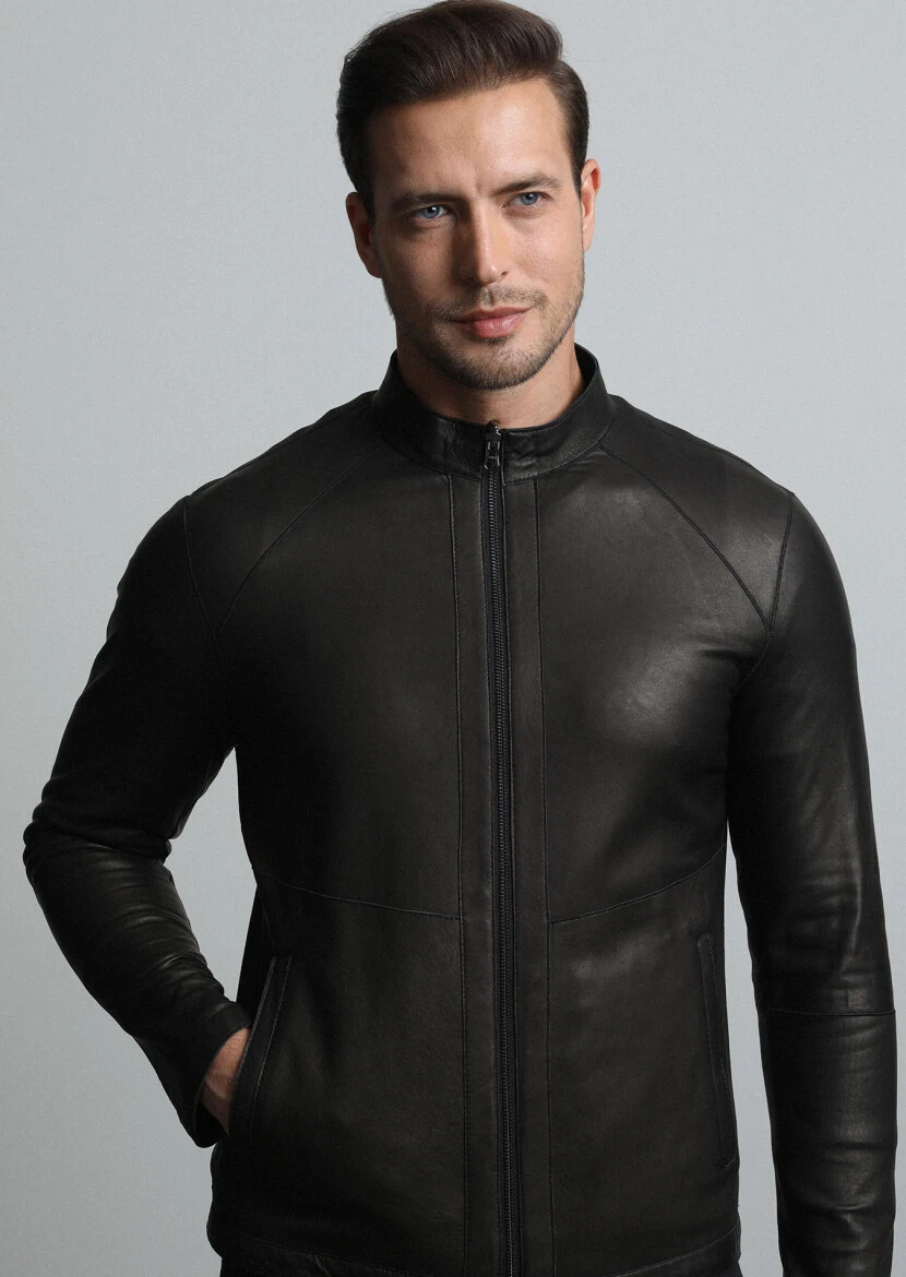 Black Regular Fit Turtleneck Casual Leather Leather Coat 