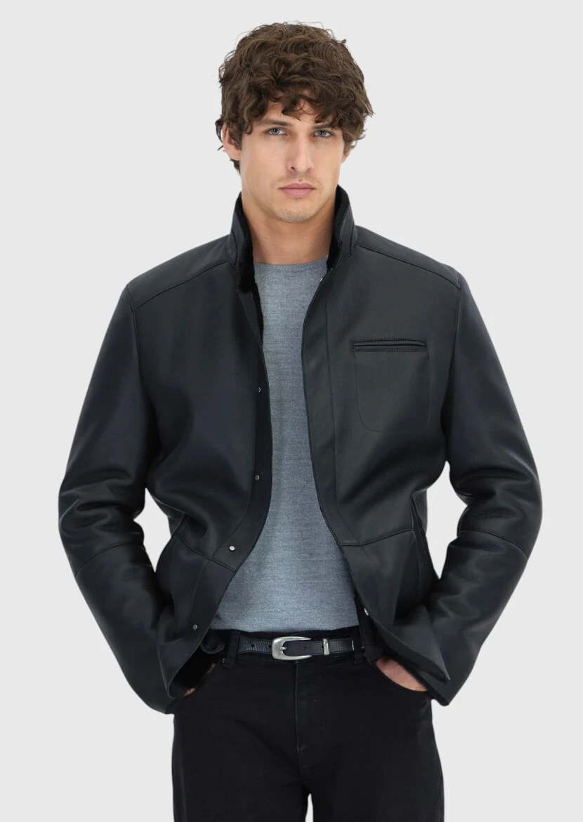 Black Regular Fit Turtleneck Casual Shearling Leather Coat - RAMSEY