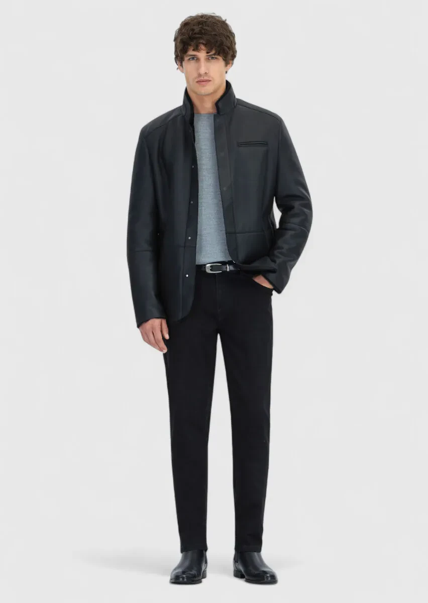 Black Regular Fit Turtleneck Casual Shearling Leather Coat - 2