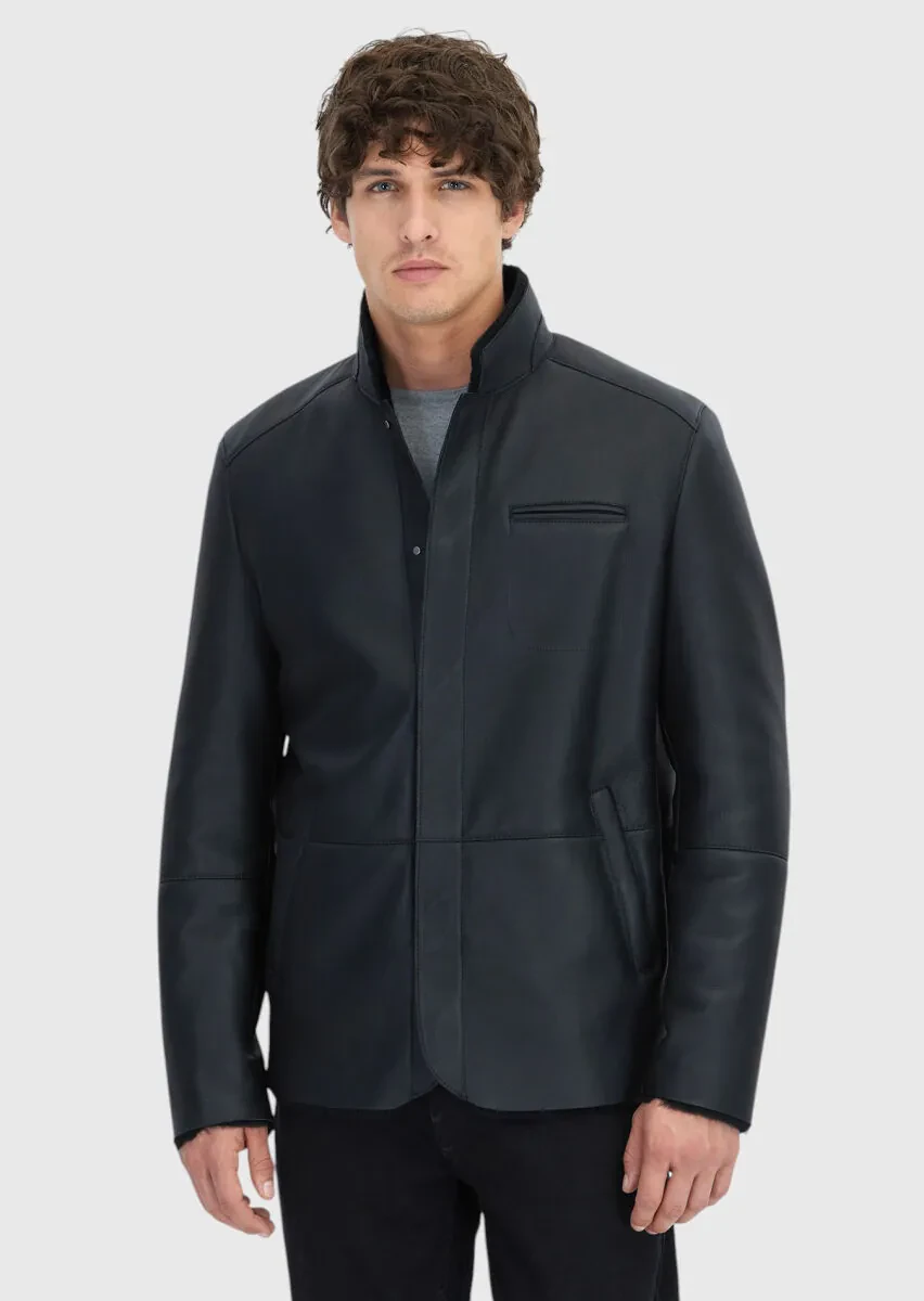 Black Regular Fit Turtleneck Casual Shearling Leather Coat - 3