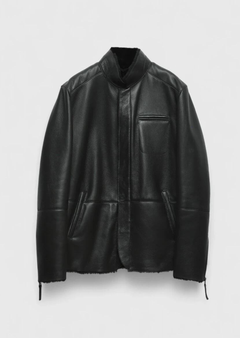 Black Regular Fit Turtleneck Casual Shearling Leather Coat - 8