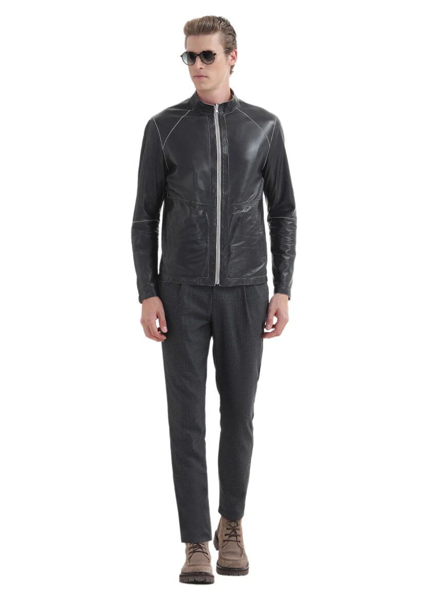 Black Regular Fit Turtleneck Casual Suede Double-Sided Leather Coat - RAMSEY