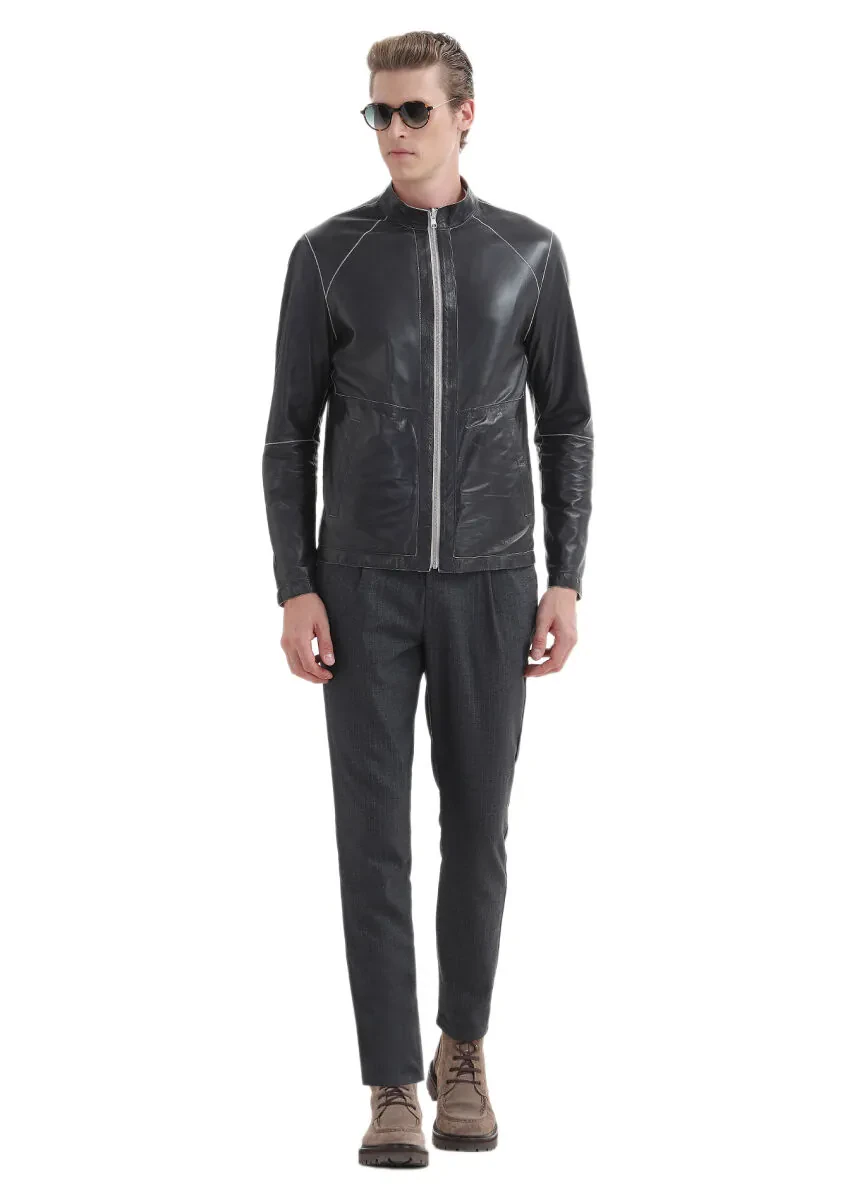 Black Regular Fit Turtleneck Casual Suede Double-Sided Leather Coat - 2