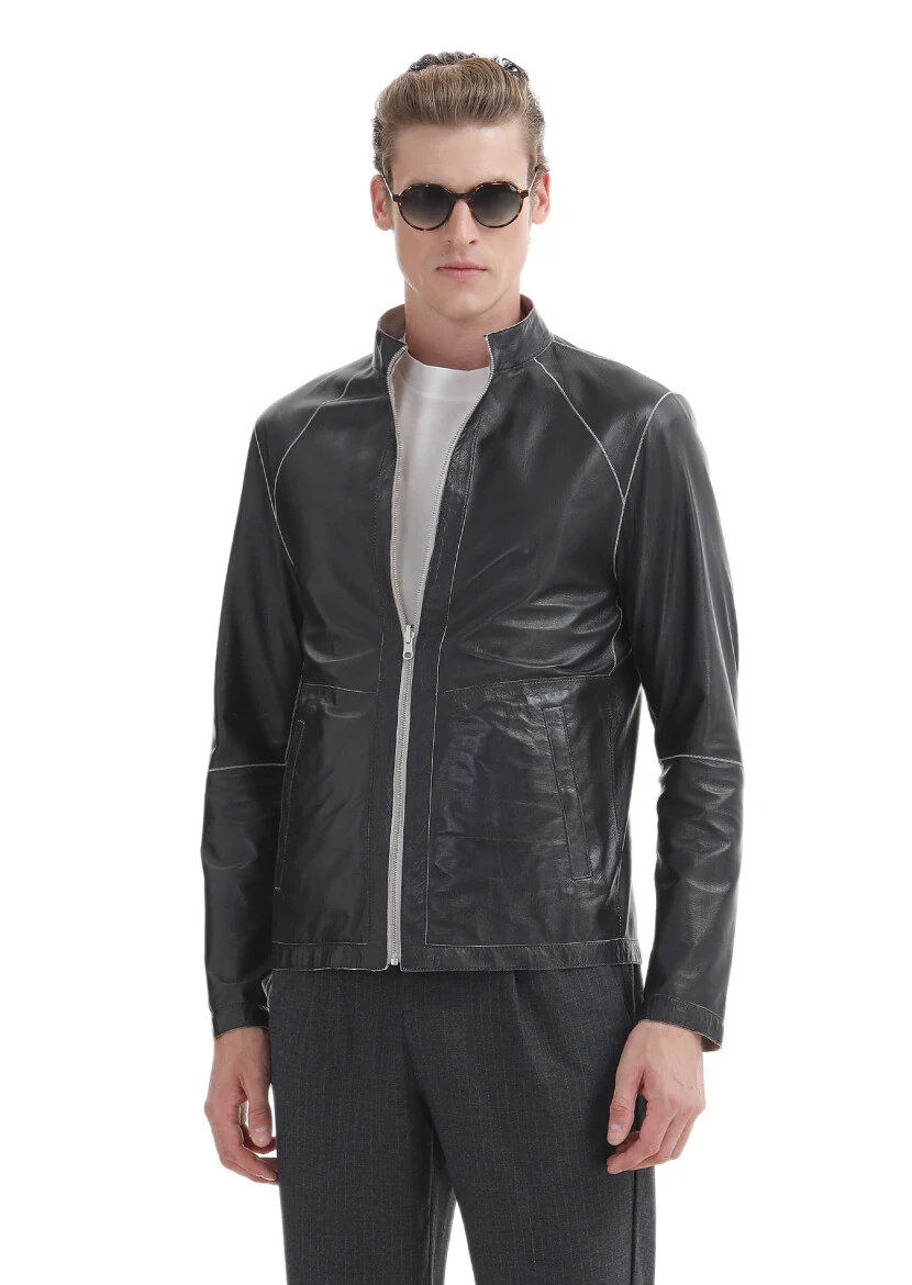 Black Regular Fit Turtleneck Casual Suede Double-Sided Leather Coat - 6