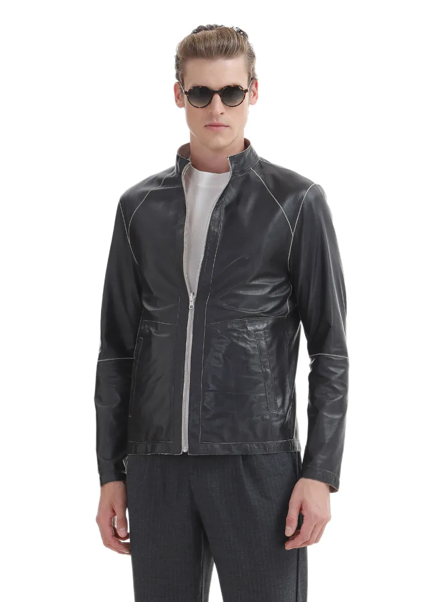 Black Regular Fit Turtleneck Casual Suede Double-Sided Leather Coat - 6