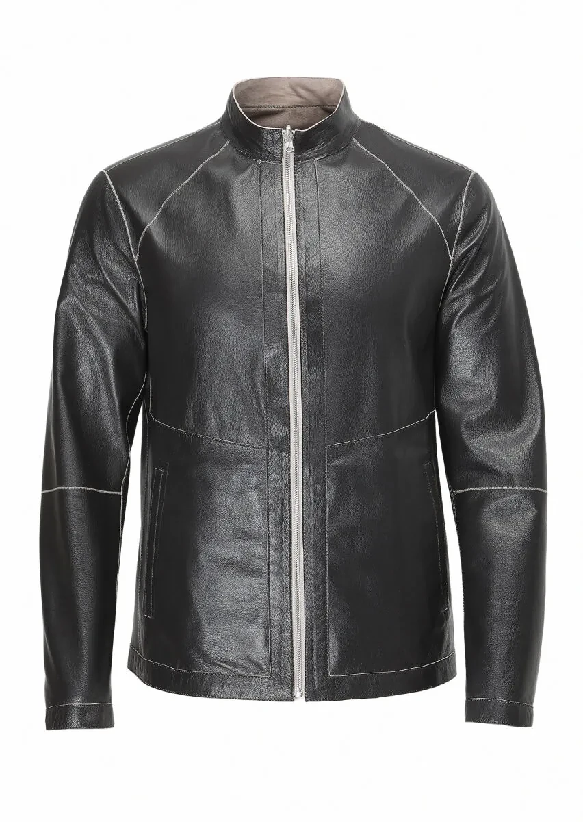 Black Regular Fit Turtleneck Casual Suede Double-Sided Leather Coat - 11