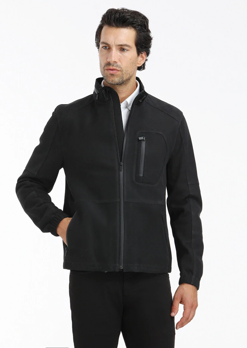 Black Regular Fit Turtleneck Casual Suede Leather Coat - 1