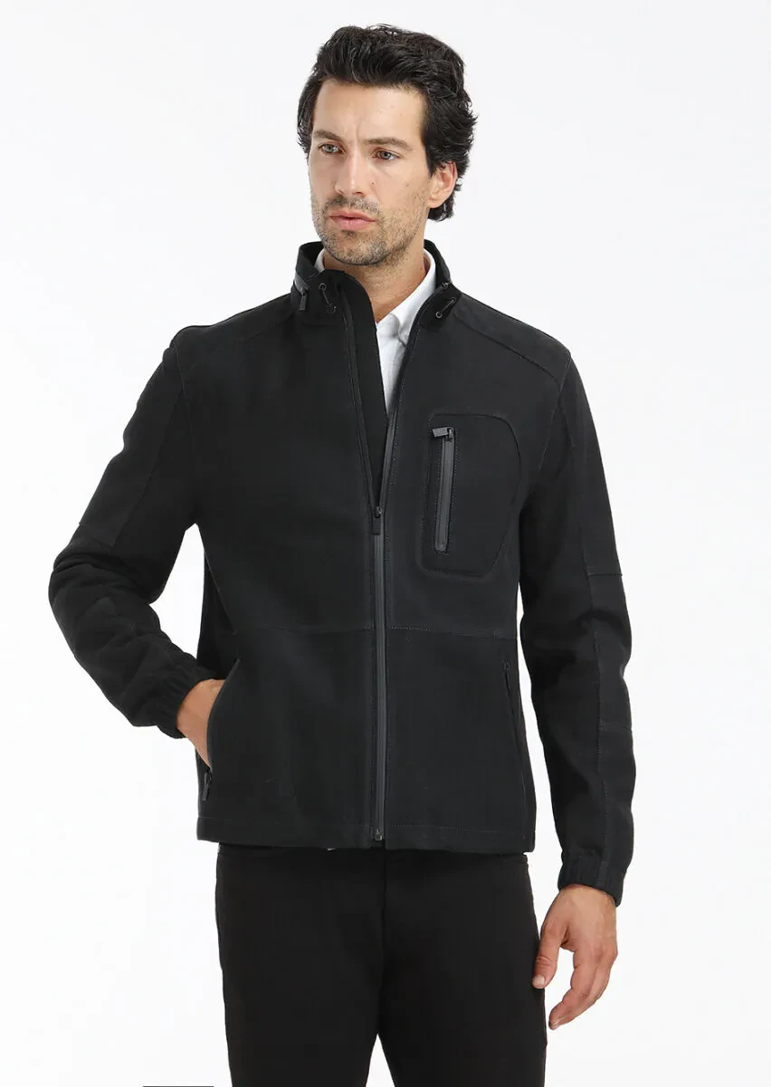 Black Regular Fit Turtleneck Casual Suede Leather Coat - 1