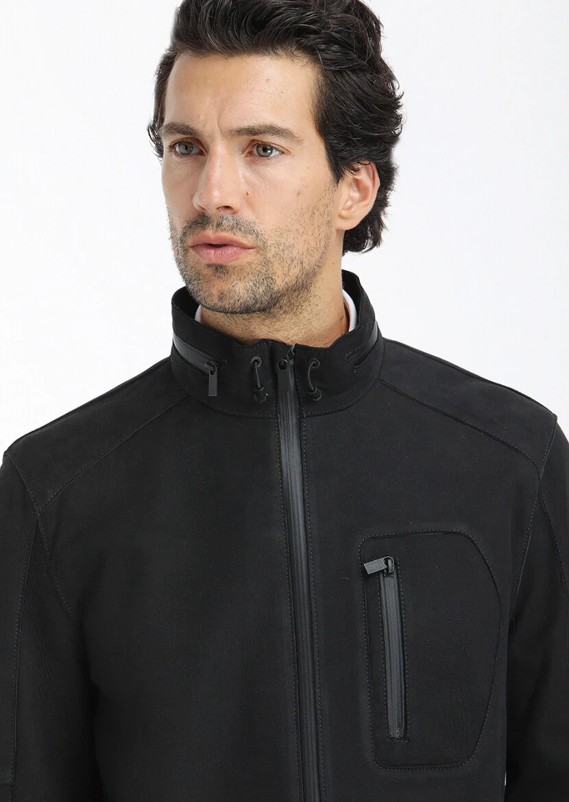 Black Regular Fit Turtleneck Casual Suede Leather Coat - 3