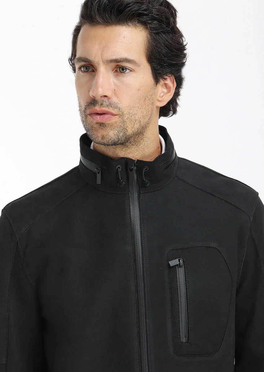 Black Regular Fit Turtleneck Casual Suede Leather Coat - 3