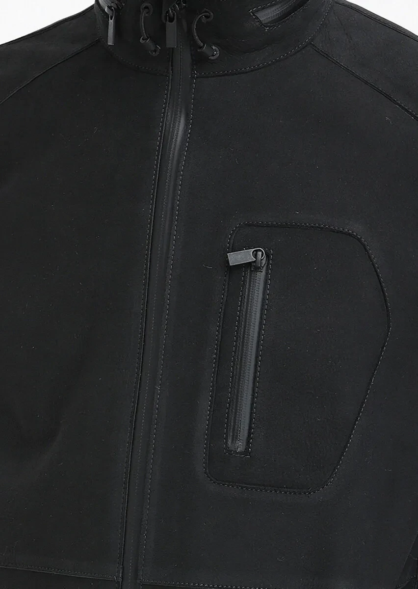 Black Regular Fit Turtleneck Casual Suede Leather Coat - 5