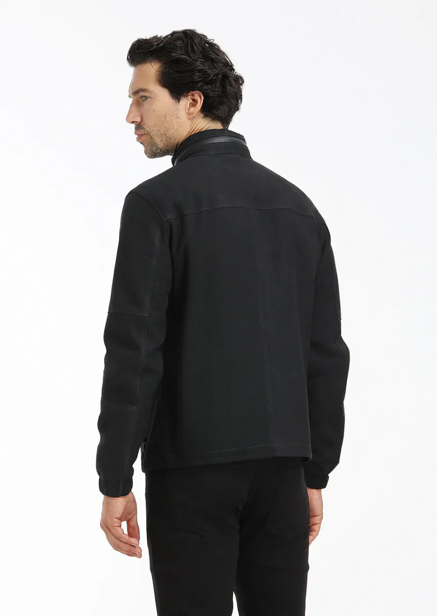 Black Regular Fit Turtleneck Casual Suede Leather Coat - 6