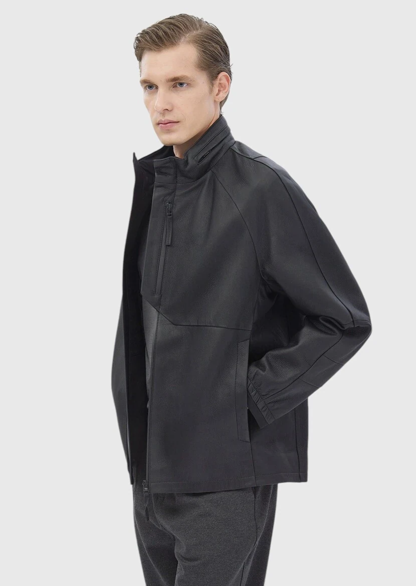 Black Regular Fit Turtleneck Casual Suede Leather Coat - 3