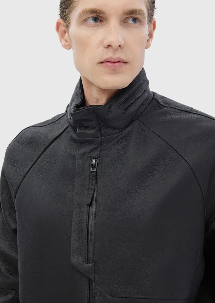 Black Regular Fit Turtleneck Casual Suede Leather Coat - 4