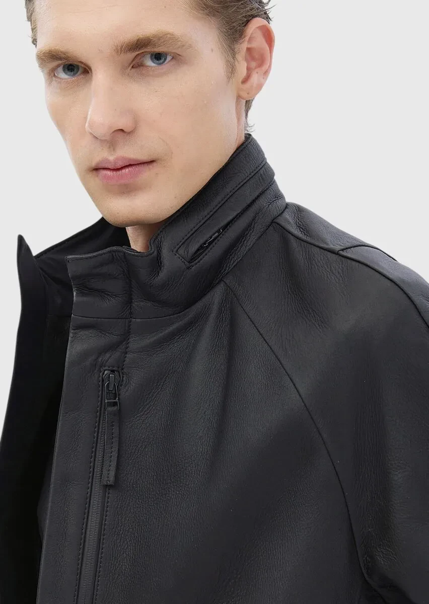 Black Regular Fit Turtleneck Casual Suede Leather Coat - 5