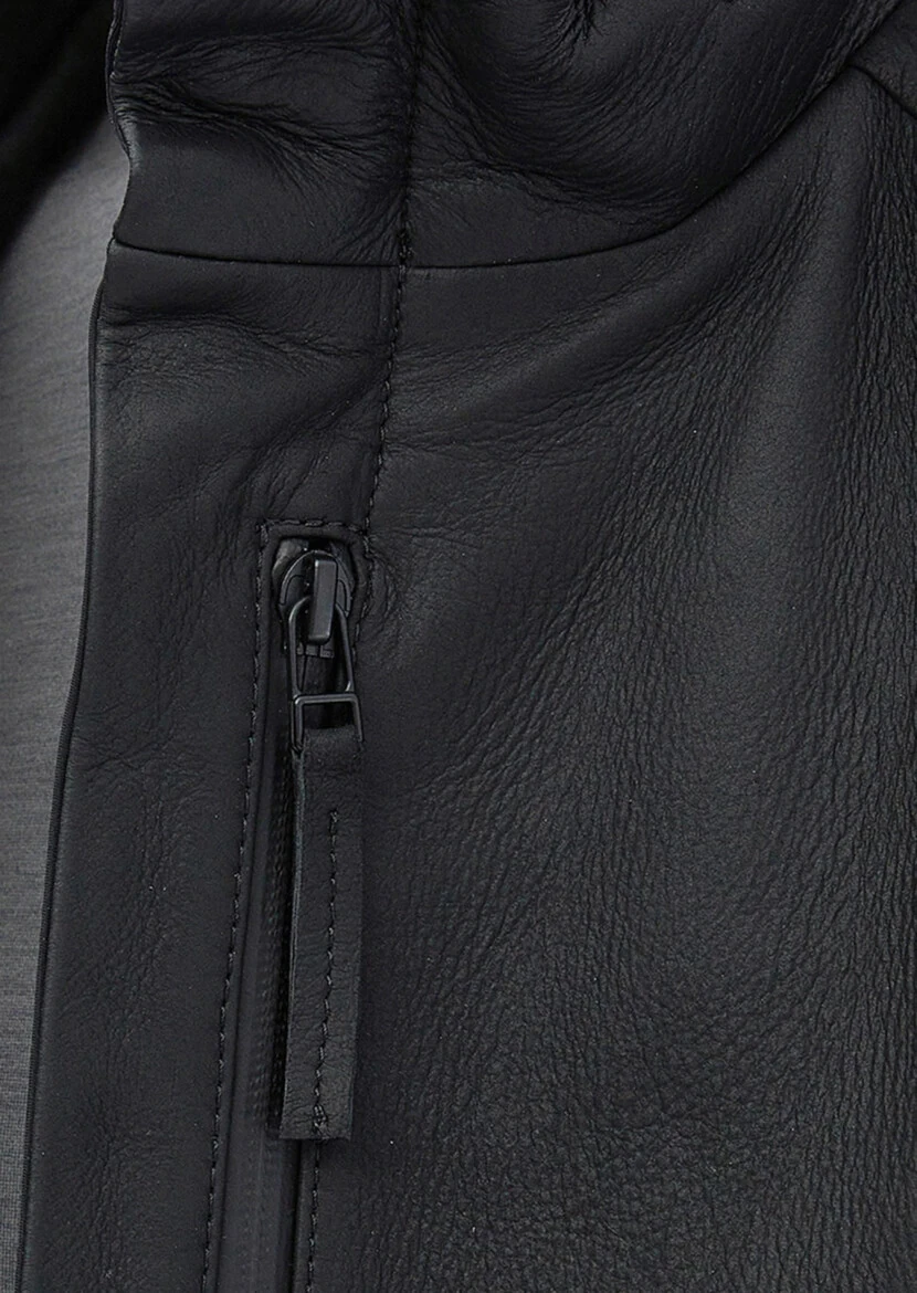 Black Regular Fit Turtleneck Casual Suede Leather Coat - 6