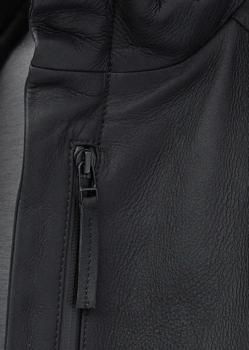 Black Regular Fit Turtleneck Casual Suede Leather Coat - 6