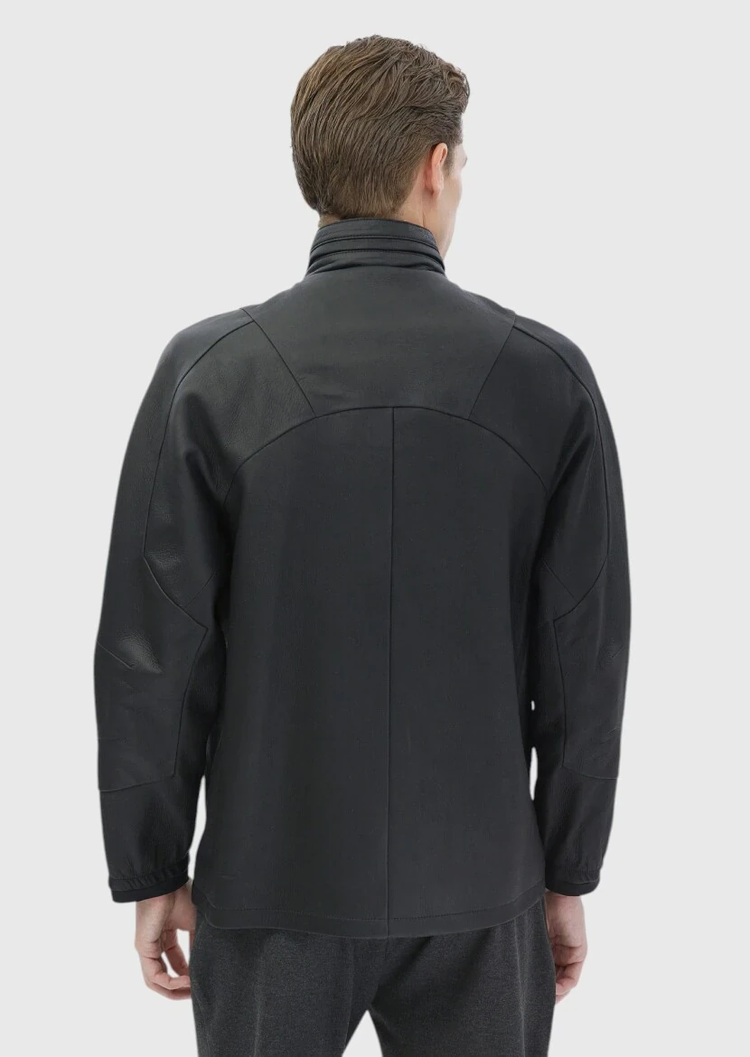 Black Regular Fit Turtleneck Casual Suede Leather Coat - 8