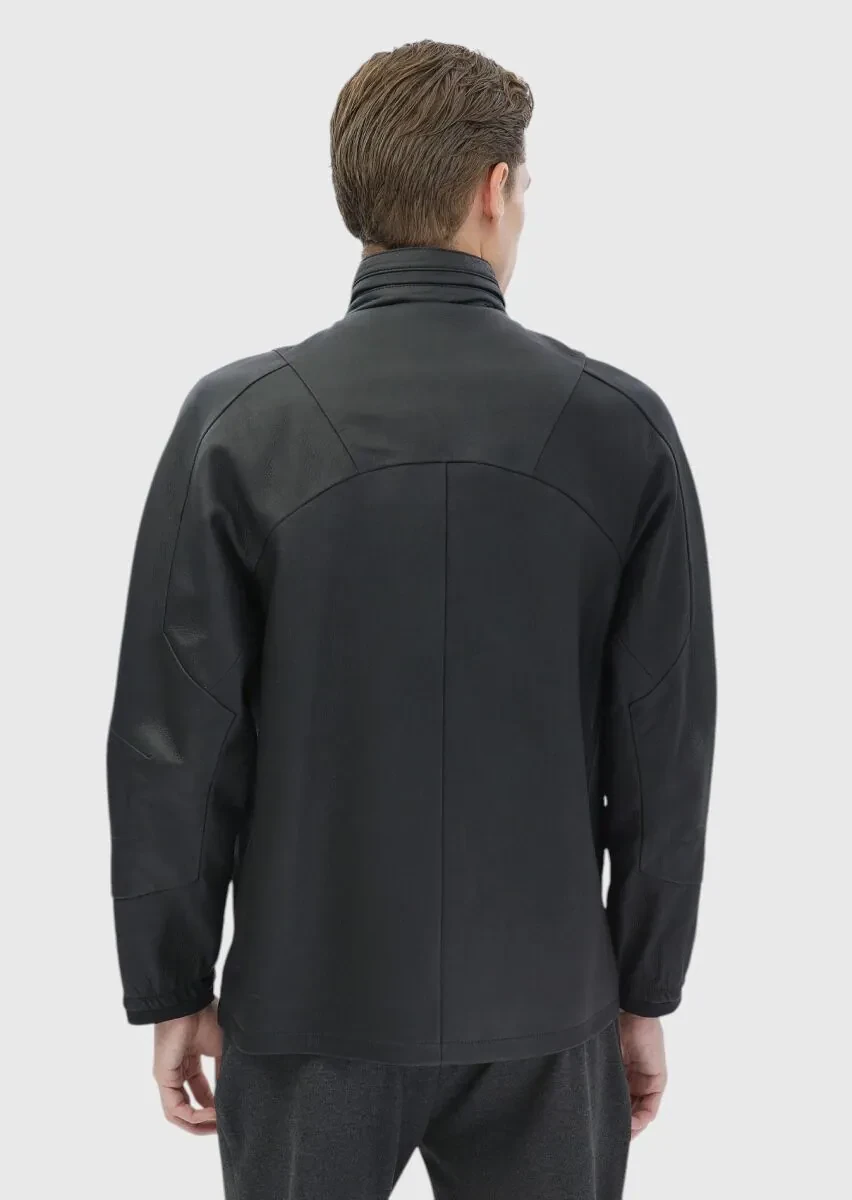 Black Regular Fit Turtleneck Casual Suede Leather Coat - 8