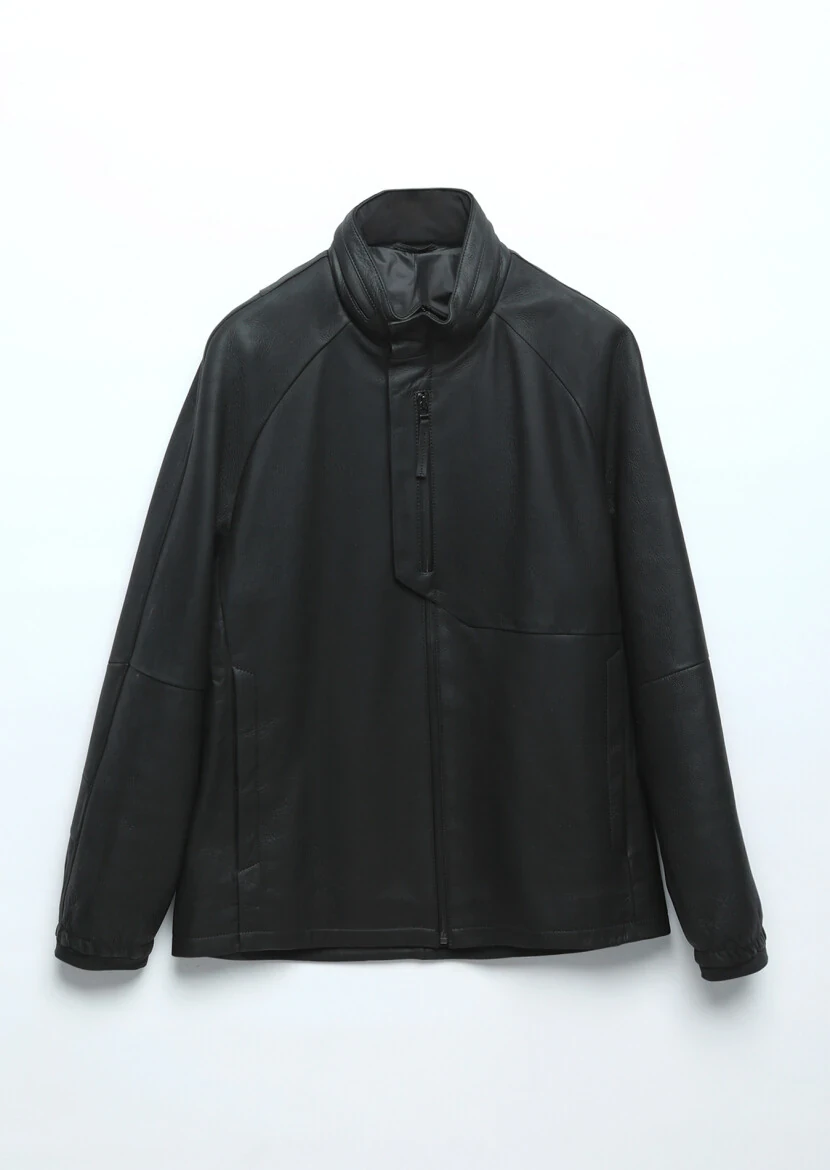 Black Regular Fit Turtleneck Casual Suede Leather Coat - 9