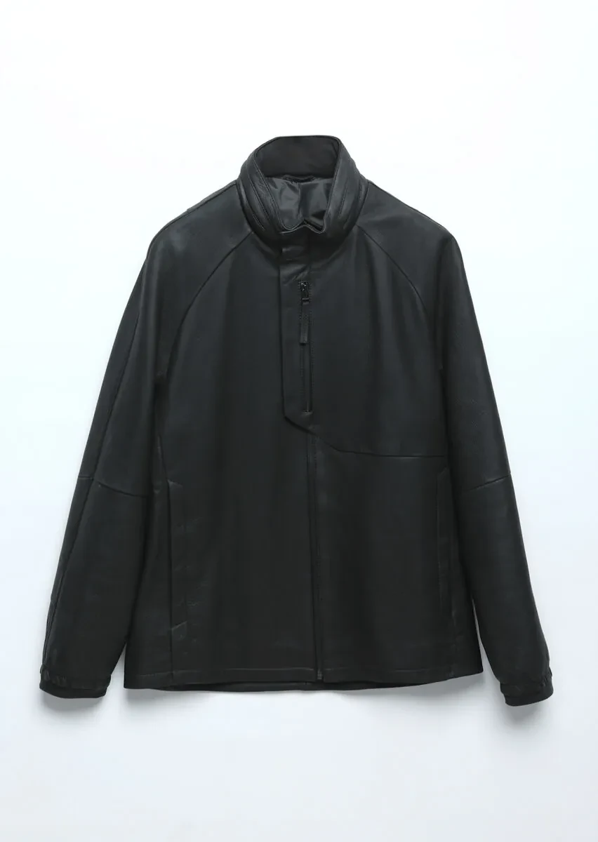 Black Regular Fit Turtleneck Casual Suede Leather Coat - 9