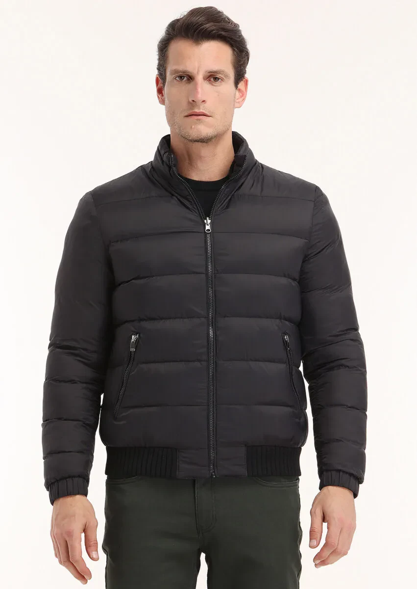 Black Regular Fit Turtleneck Casual Weaving Coat - 3