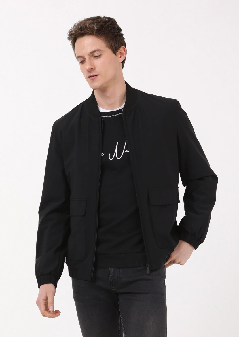 Black Regular Fit Turtleneck Casual Weaving Coat - 1