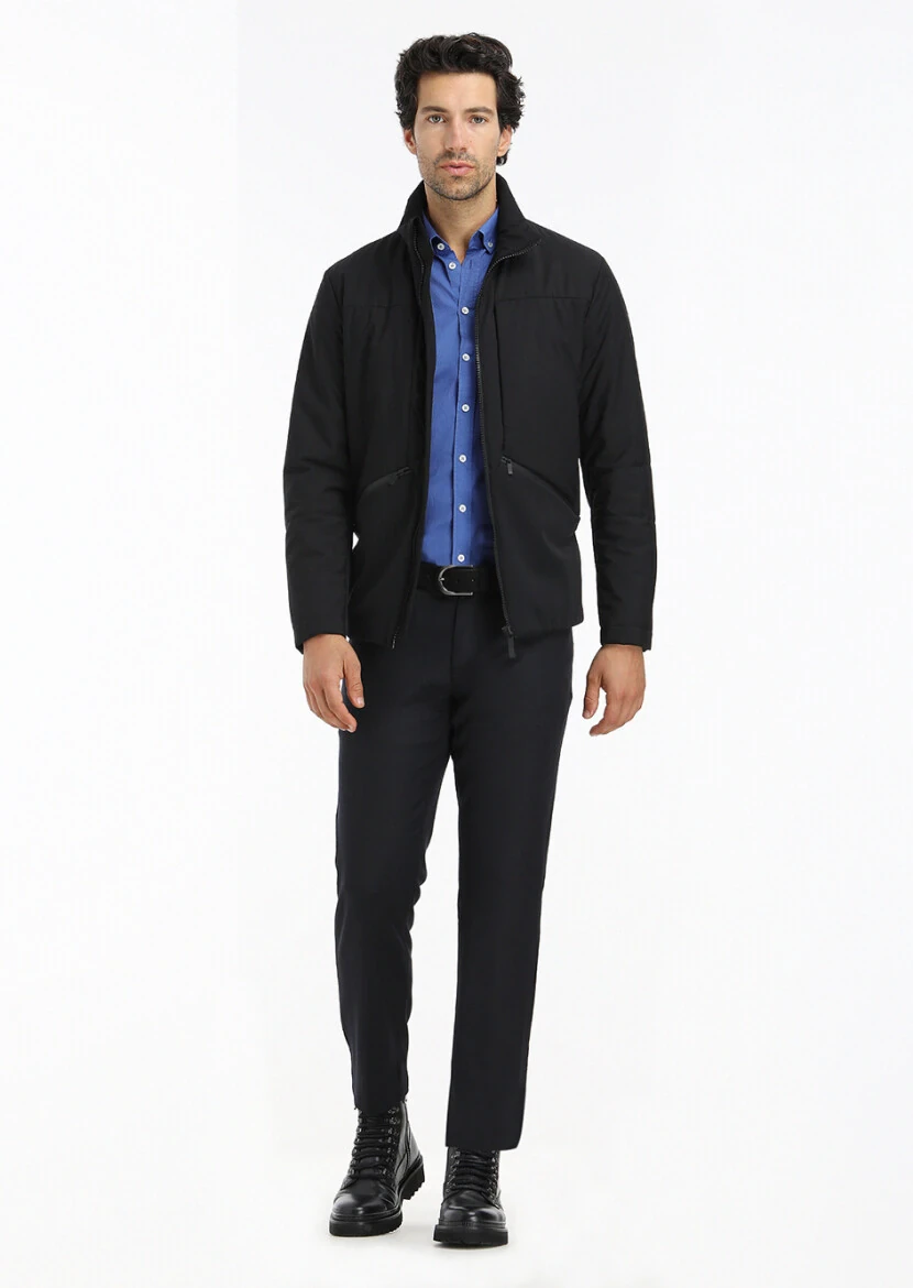 Black Regular Fit Turtleneck Casual Weaving Coat - 1