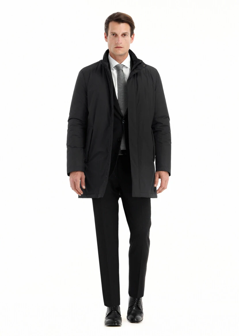 Black Regular Fit Turtleneck Casual Weaving Coat - 1