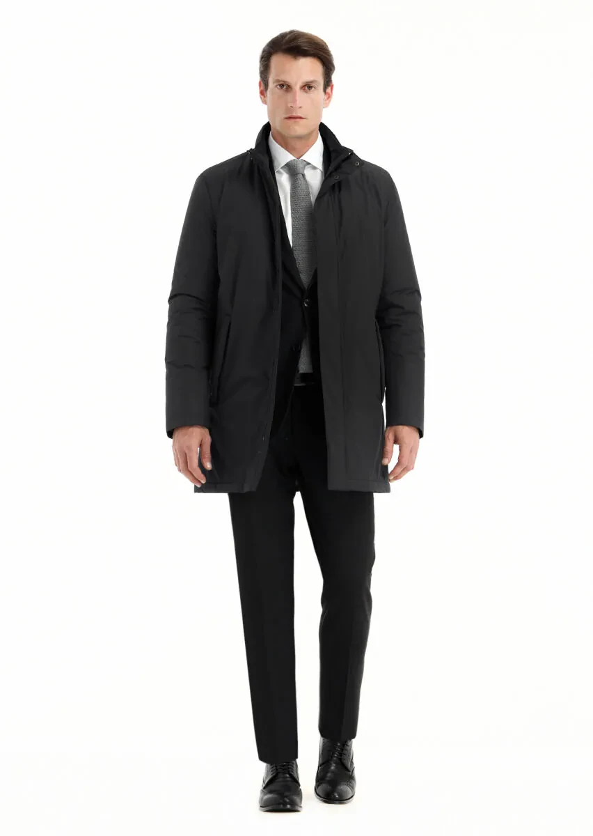 Black Regular Fit Turtleneck Casual Weaving Coat - 1