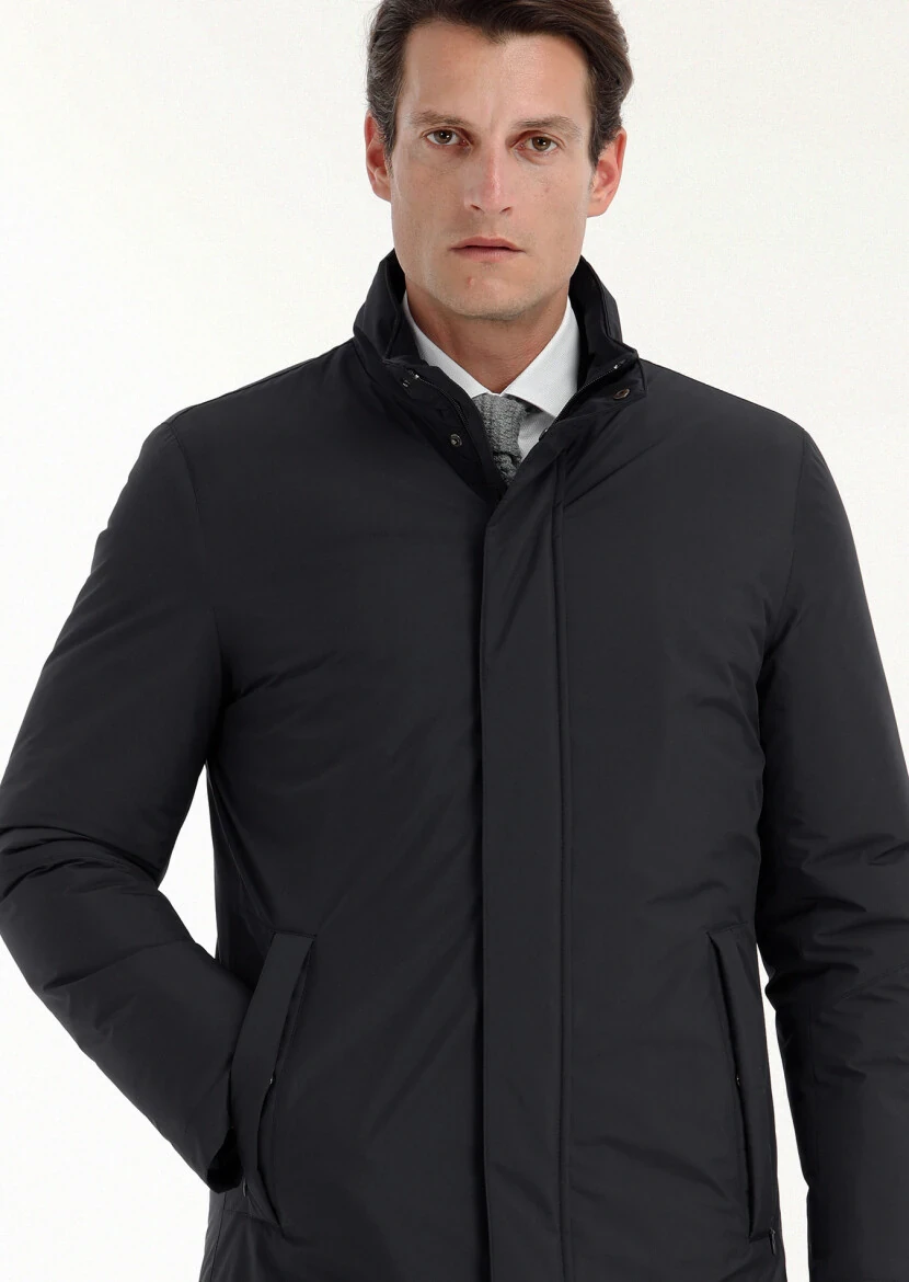 Black Regular Fit Turtleneck Casual Weaving Coat - 2