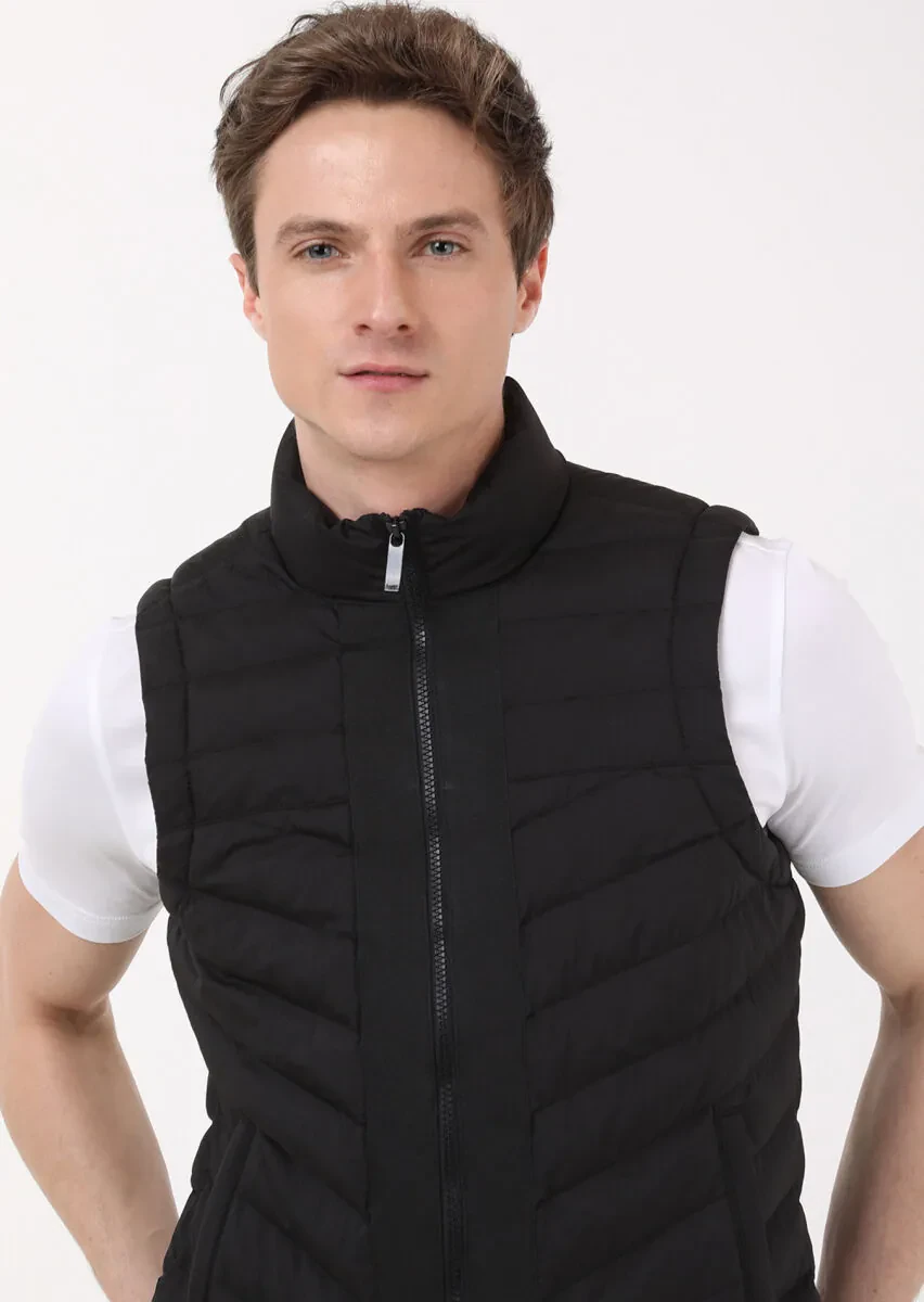 Black Regular Fit Turtleneck Casual Weaving Puffer Puffer Vest - 4