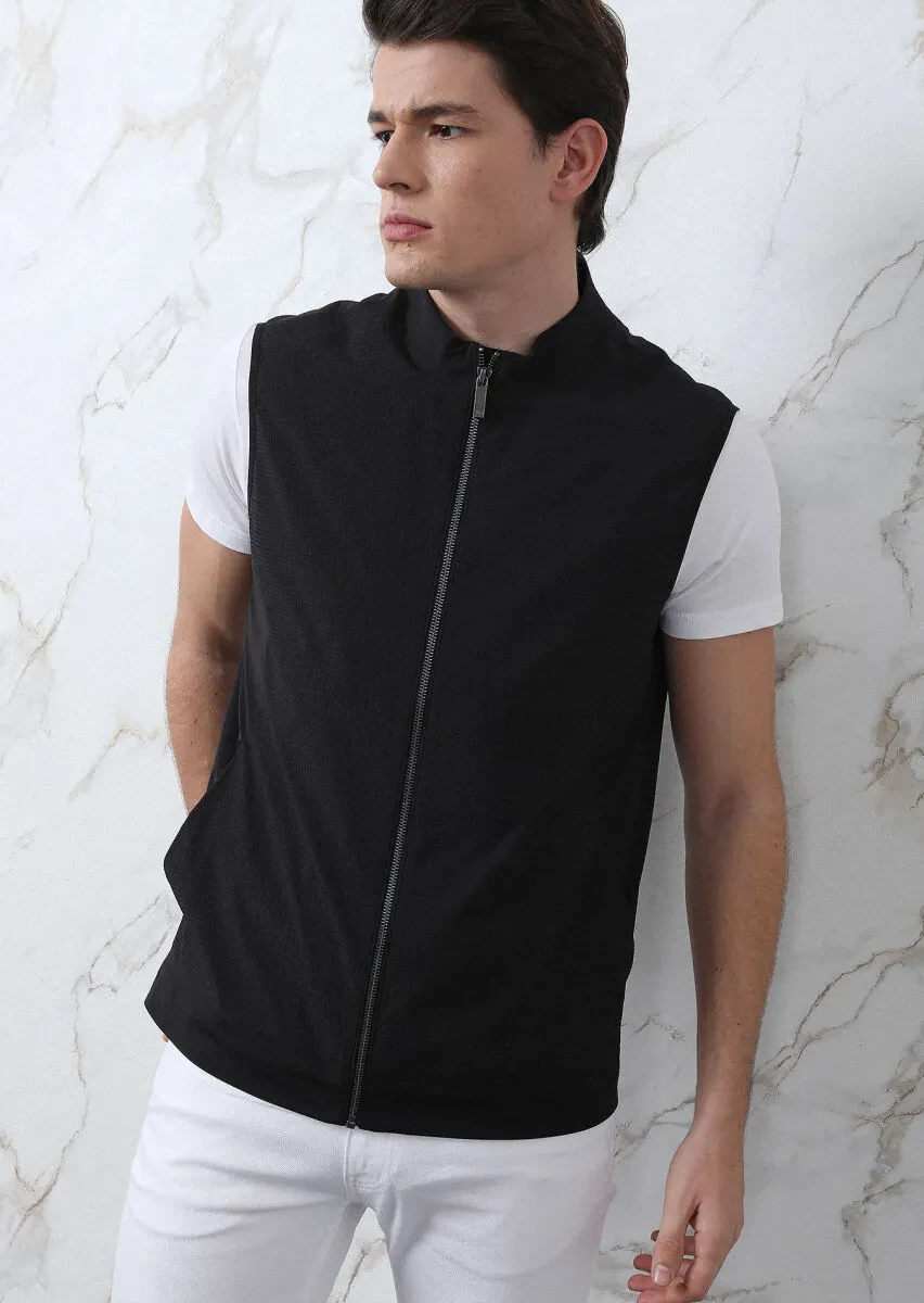Black Regular Fit Turtleneck Casual Weaving Puffer Vest - 4