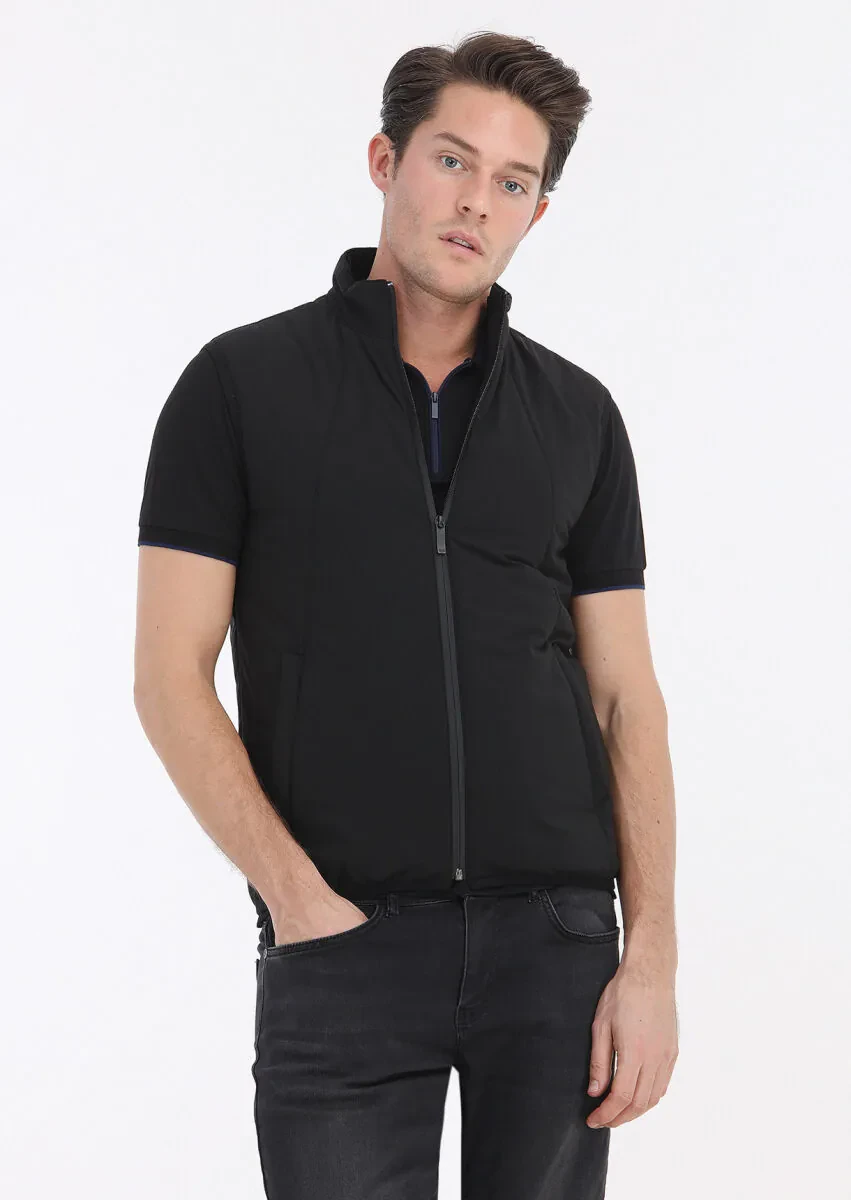 Black Regular Fit Turtleneck Casual Weaving Puffer Vest - 2