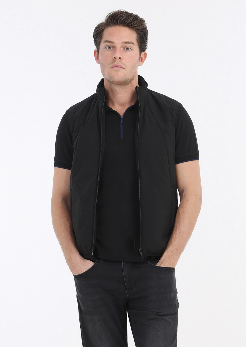 Black Regular Fit Turtleneck Casual Weaving Puffer Vest - 3