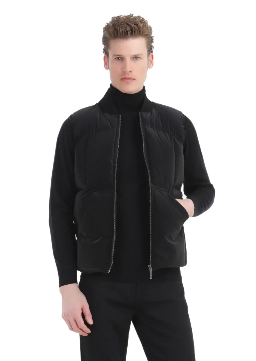 Black Regular Fit Turtleneck Casual Weaving Puffer Vest - 1