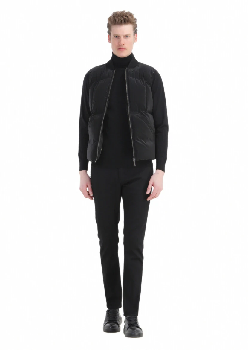 Black Regular Fit Turtleneck Casual Weaving Puffer Vest - 2