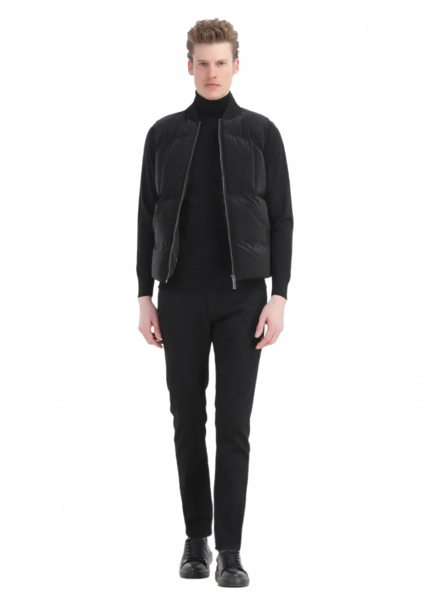 Black Regular Fit Turtleneck Casual Weaving Puffer Vest - 2