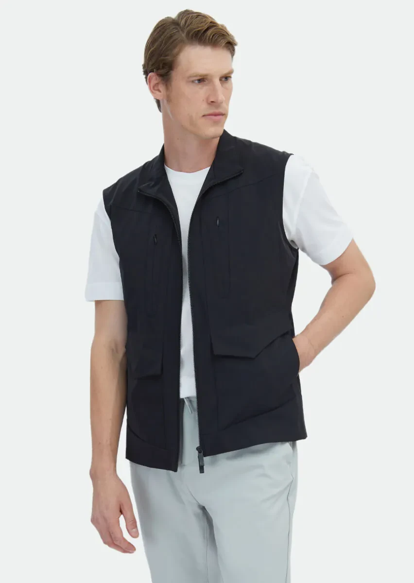 Black Regular Fit Turtleneck Casual Weaving Puffer Vest - 2