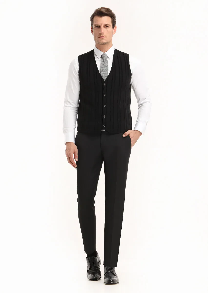 Black Regular Fit V-Neck Casual Knitting Knit Vest - 1