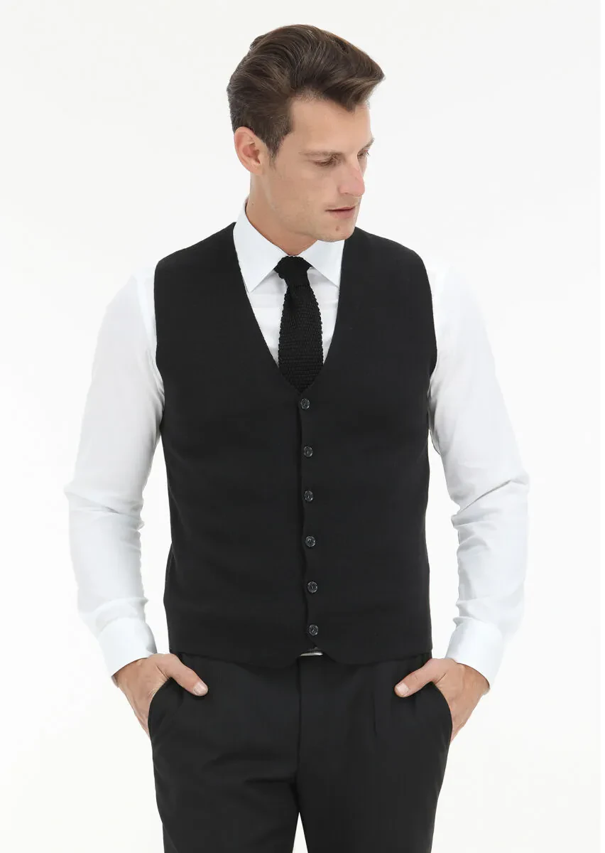Black Regular Fit V-Neck Casual Knitting Knit Vest - 1